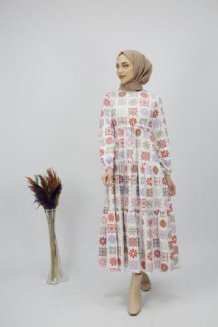 Çiçek Desenli Cotton Tesettür Elbise (Beyaz)