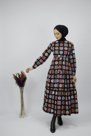 Çiçek Desenli Cotton Tesettür  Elbise (Siyah)