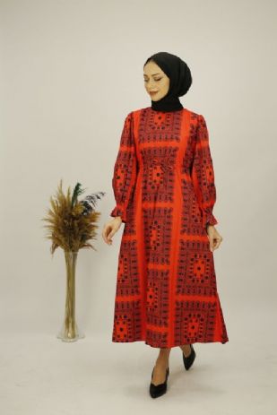 Pamuk Desenli Tesettür Elbise (Kırmızı-Siyah)